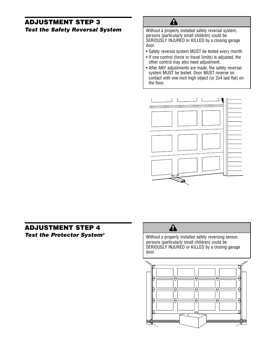 Test the safety reversal system, Test the protector system, Adjustment step 3 | Adjustment step 4 | Chamberlain 2580 User Manual | Page 26 / 36