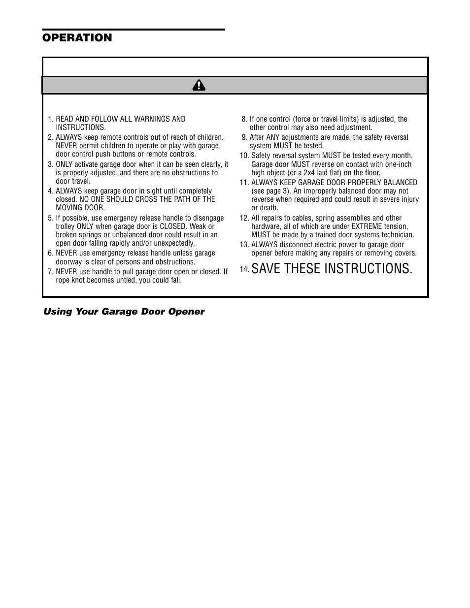 Operation, Using your garage door opener, Important safety instructions | Warning caution warning warning | Chamberlain 2580 User Manual | Page 27 / 36