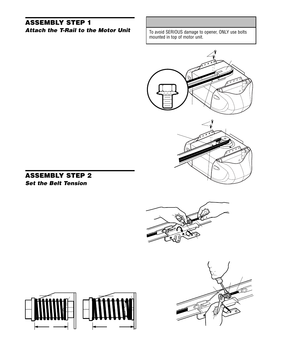 Assembly, Attach the t-rail to the motor unit, Set the belt tension | Warning caution warning warning, Assembly step 1, Assembly step 2 | Chamberlain 2580 User Manual | Page 6 / 36