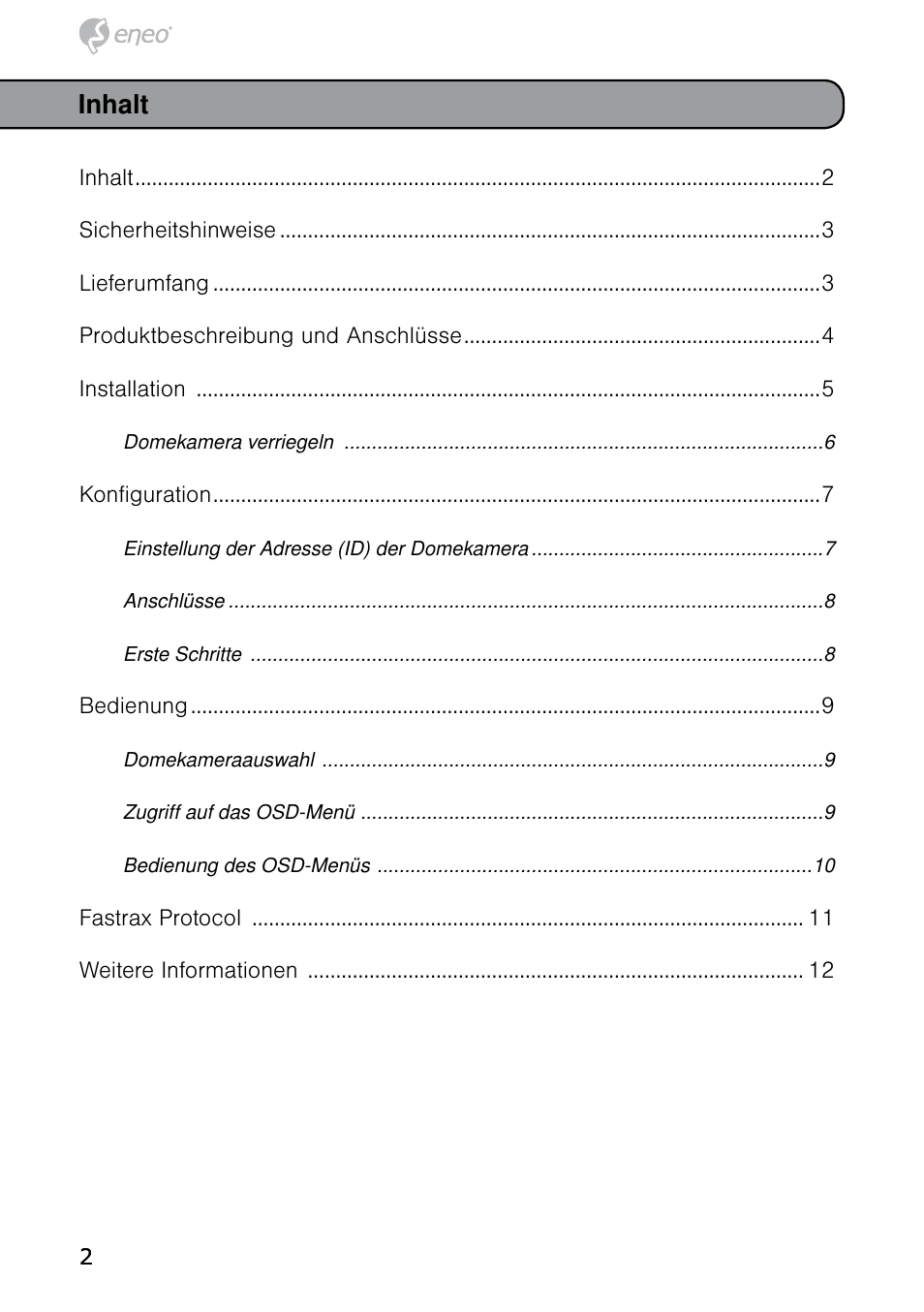 Inhalt | Eneo HDD-1012PTZ1080 User Manual | Page 2 / 56