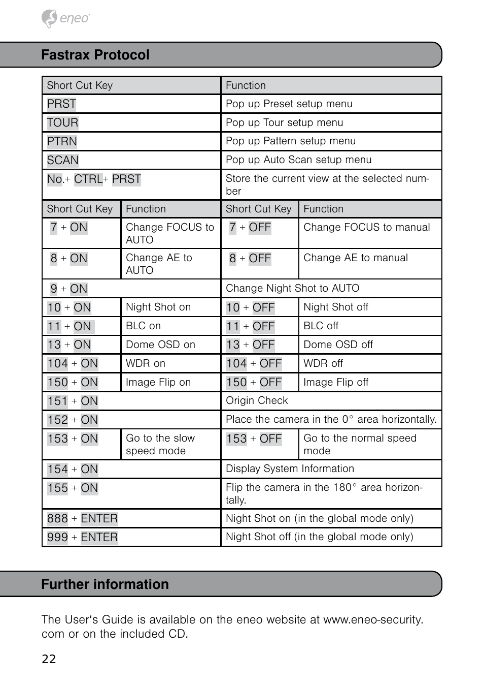 Fastrax protocol, Further information | Eneo HDD-1012PTZ1080 User Manual | Page 22 / 56