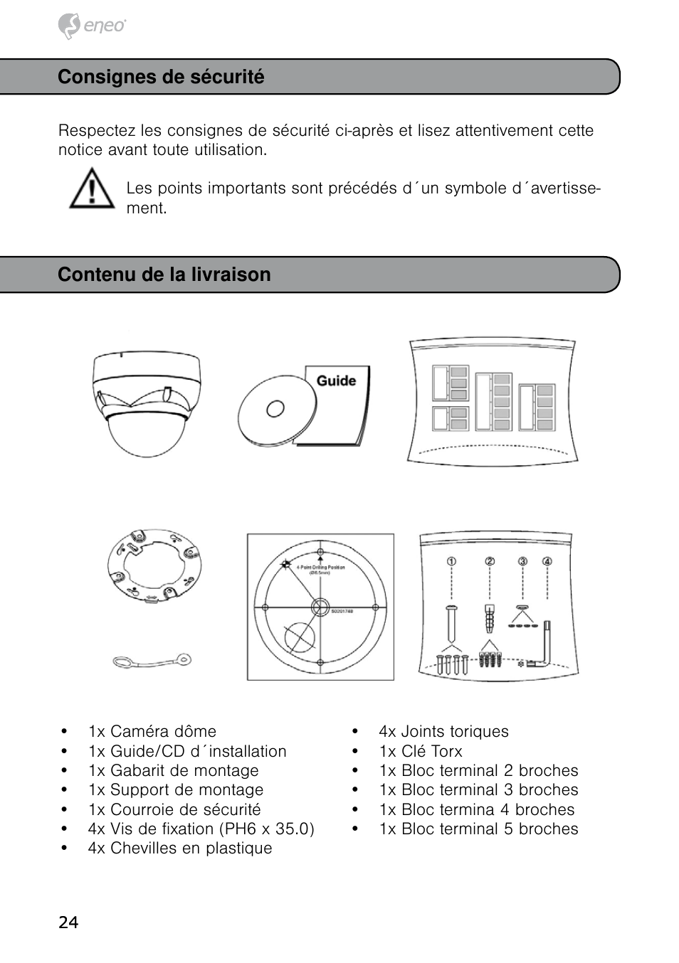 Consignes de sécurité, Contenu de la livraison | Eneo HDD-1012PTZ1080 User Manual | Page 24 / 56