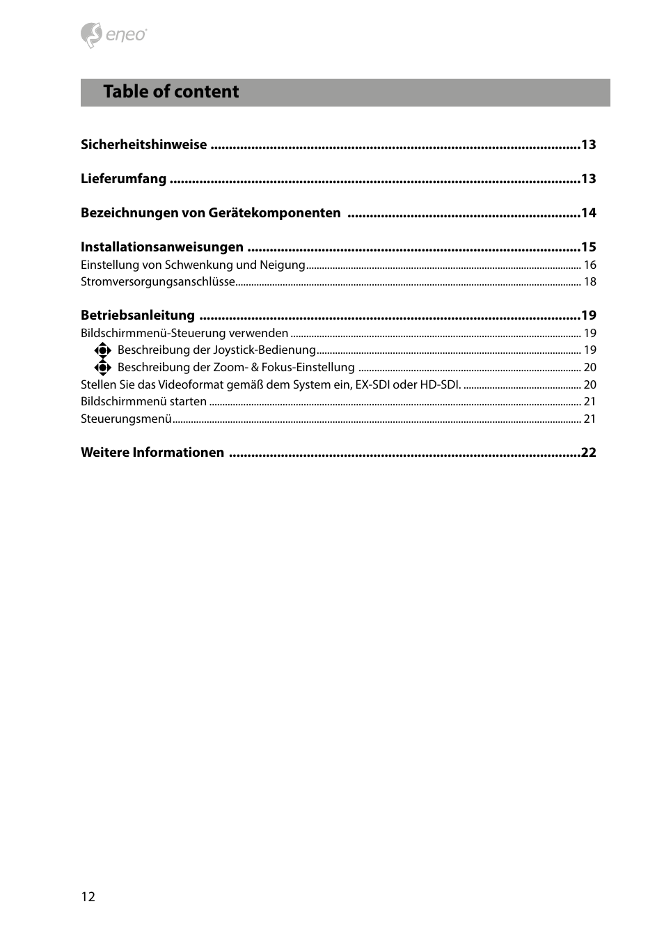 Table of content | Eneo HDB-1080Z03IR D User Manual | Page 12 / 36