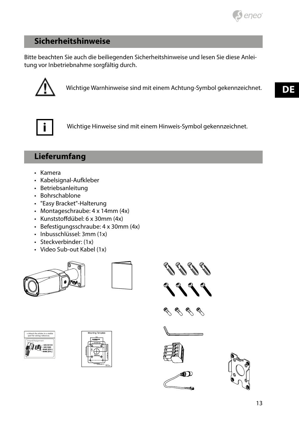 Lieferumfang, Sicherheitshinweise | Eneo HDB-1080Z03IR D User Manual | Page 13 / 36