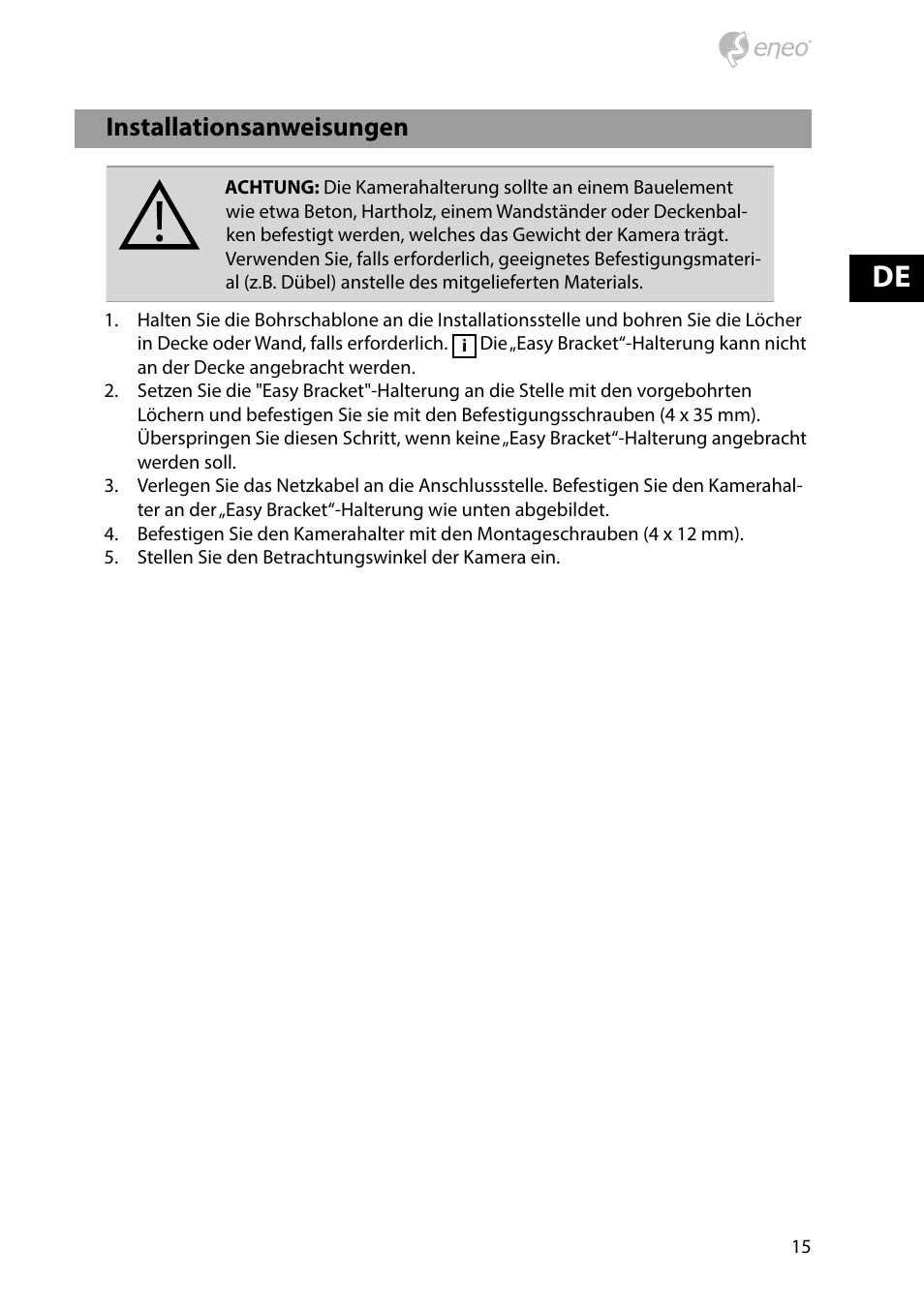 Bezeichnungen von gerätekomponenten, Installationsanweisungen | Eneo HDB-1080Z03IR D User Manual | Page 15 / 36