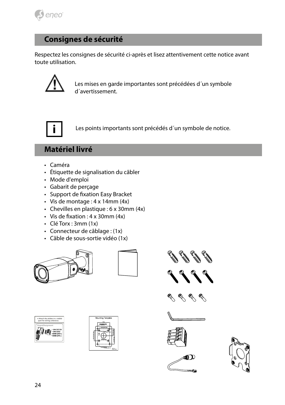Matériel livré, Consignes de sécurité | Eneo HDB-1080Z03IR D User Manual | Page 24 / 36