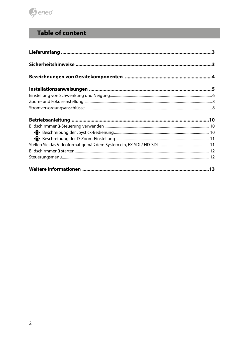 Table of content | Eneo HDB-2080M2810IR D User Manual | Page 2 / 36