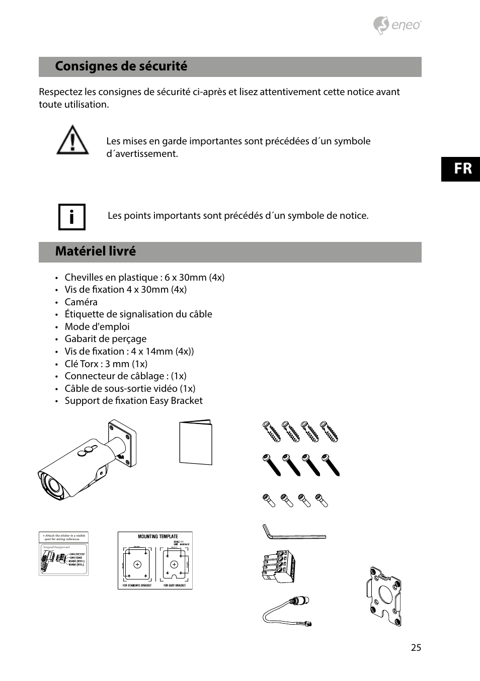 Matériel livré, Consignes de sécurité | Eneo HDB-2080M2810IR D User Manual | Page 25 / 36