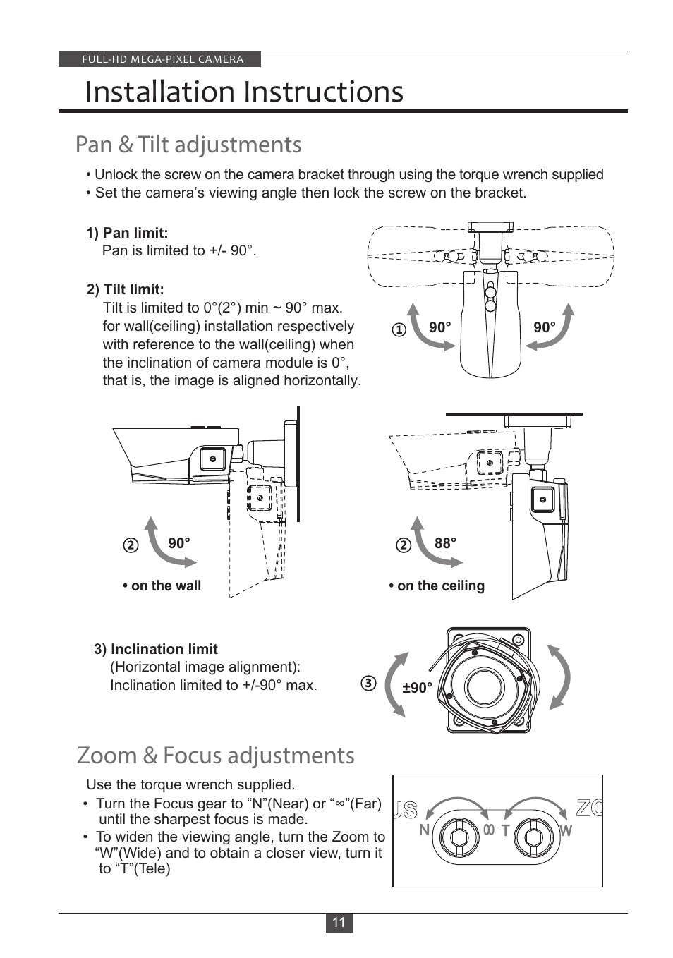 Installation instructions, Pan & tilt adjustments zoom & focus adjustments | Eneo HDB-2080M2810IR D User Manual | Page 11 / 32