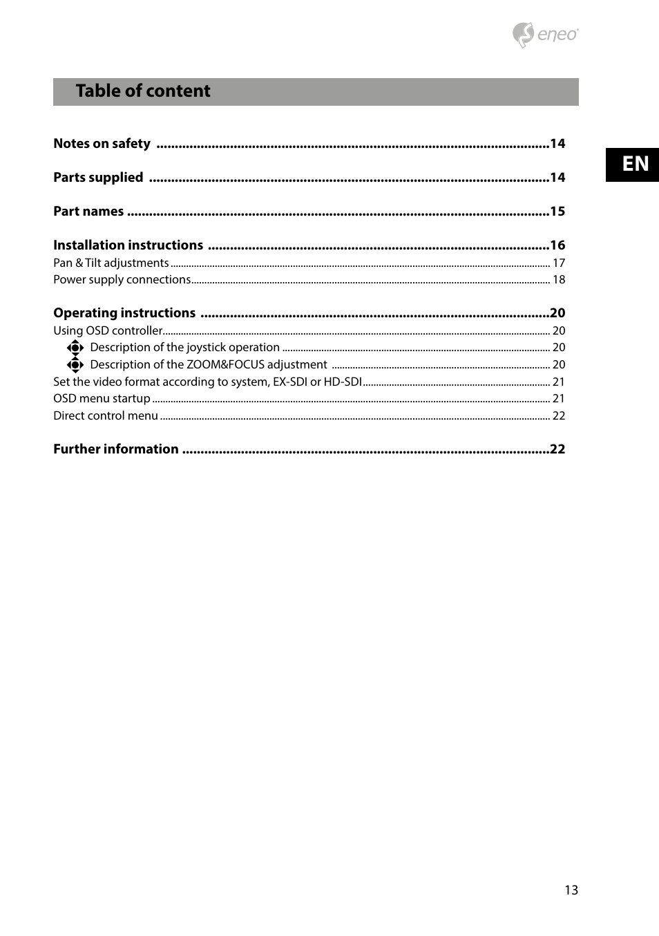 Table of content | Eneo HDB-2080Z03IR D User Manual | Page 13 / 36