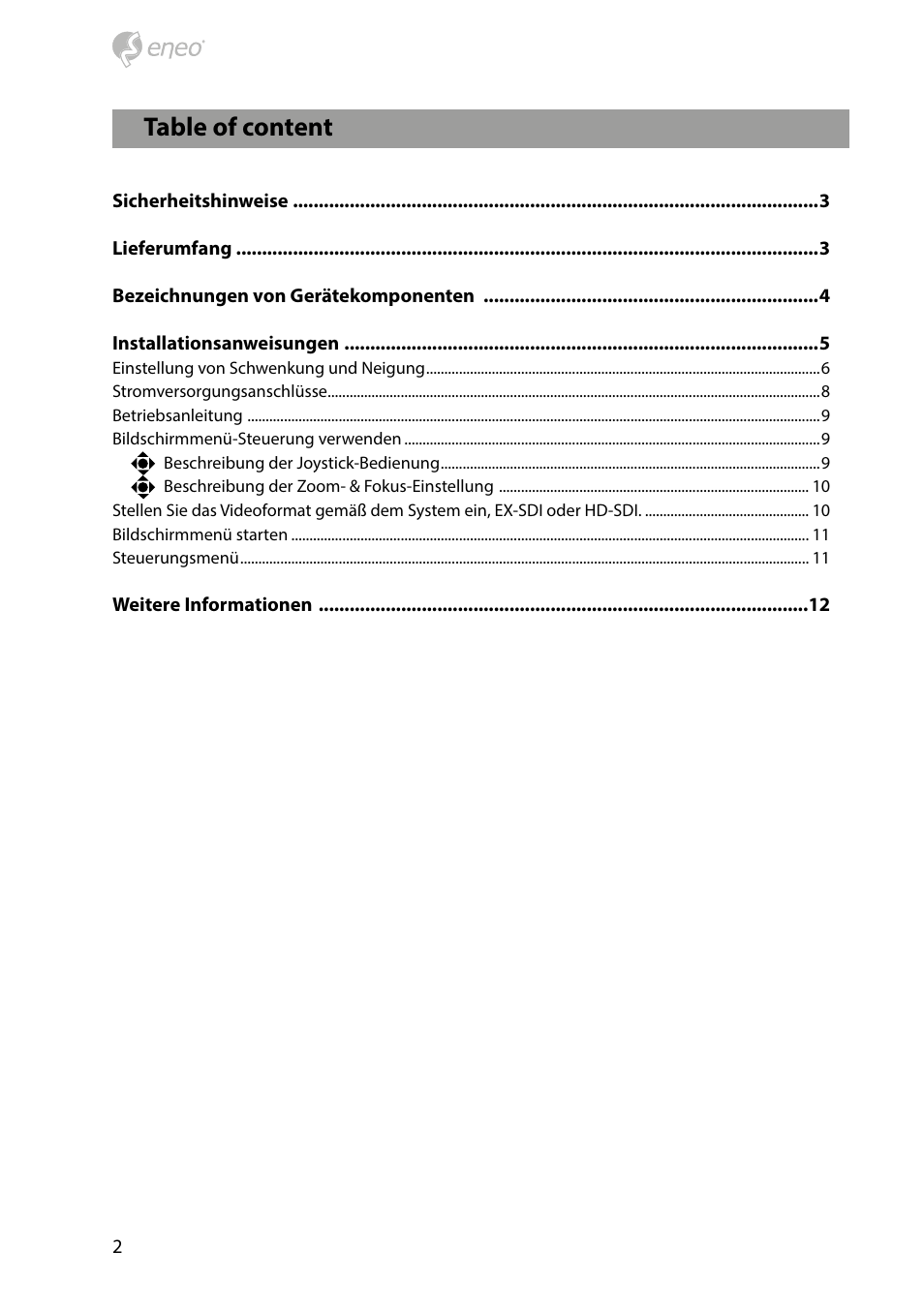 Table of content | Eneo HDB-2080Z03IR D User Manual | Page 2 / 36