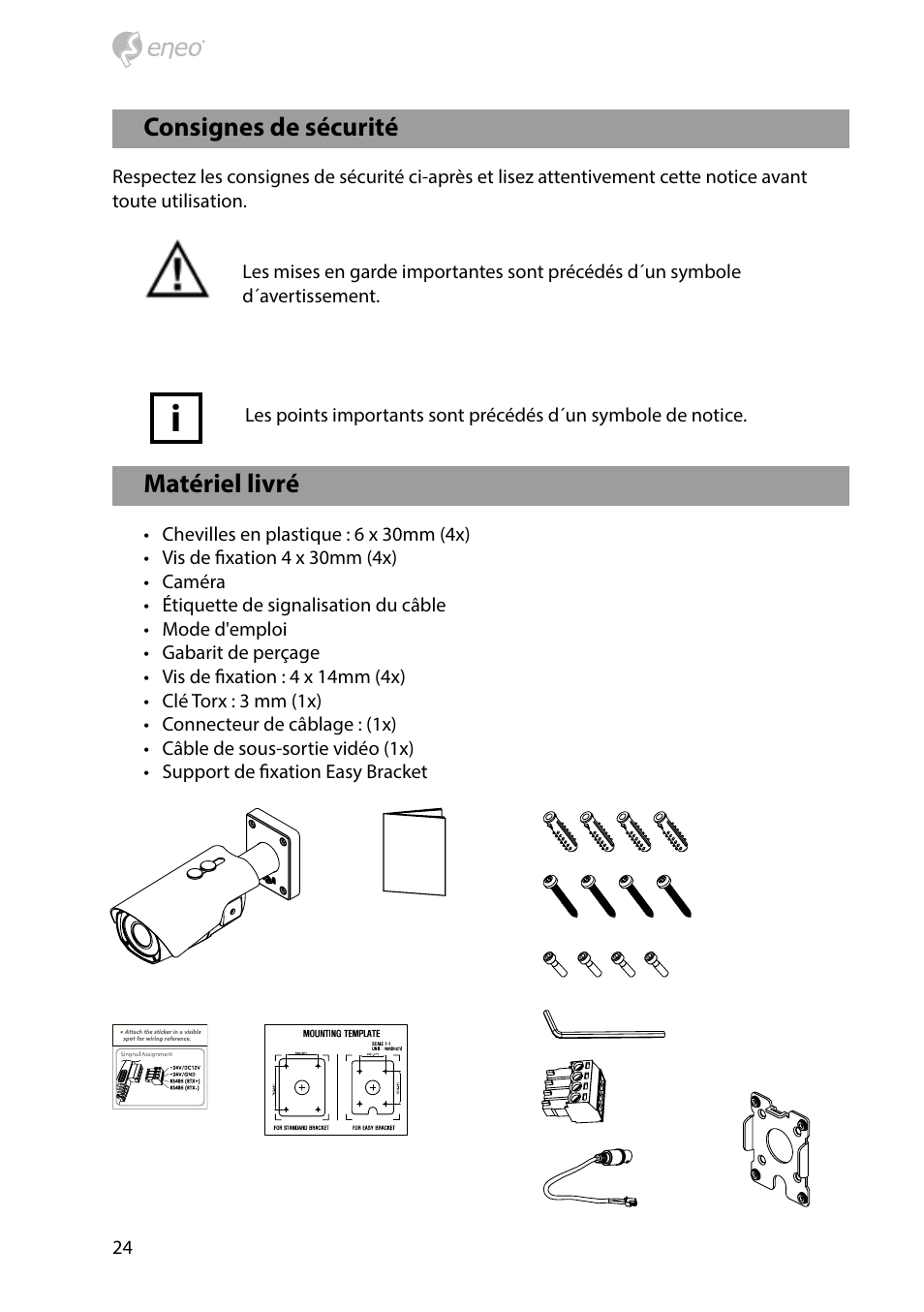 Matériel livré, Consignes de sécurité | Eneo HDB-2080Z03IR D User Manual | Page 24 / 36