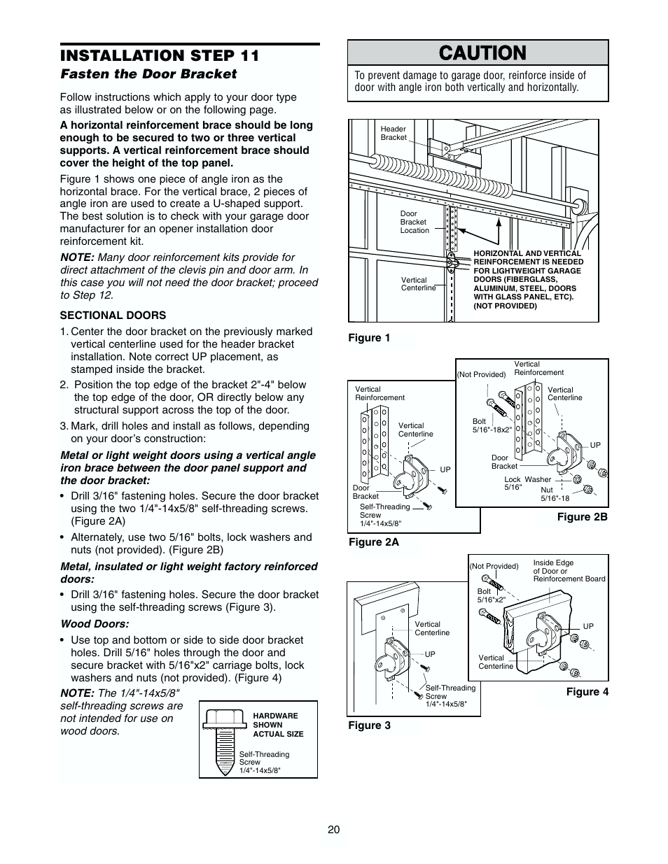 Fasten the door bracket, Warning caution warning warning, Installation step 11 | Chamberlain 2565.5 User Manual | Page 20 / 36