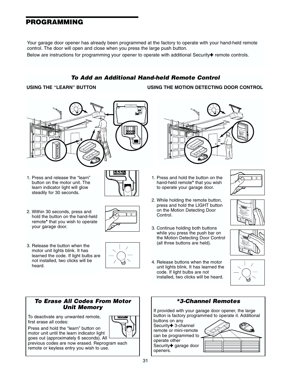 Programming, To add an additional hand-held remote control, Channel remotes | Chamberlain 2565.5 User Manual | Page 31 / 36