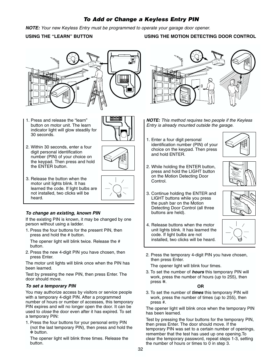 To add or change a keyless entry pin | Chamberlain 2565.5 User Manual | Page 32 / 36