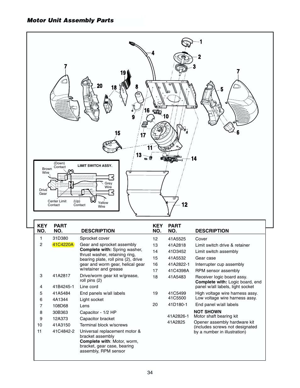 Motor unit, Motor unit assembly parts | Chamberlain 2565.5 User Manual | Page 34 / 36