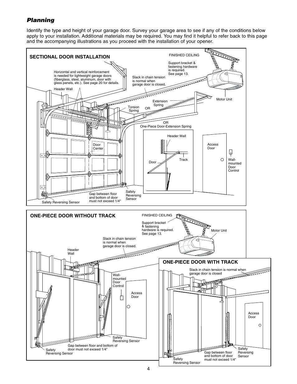 Planning, One-piece door without track, One-piece door with track | Chamberlain 2565.5 User Manual | Page 4 / 36