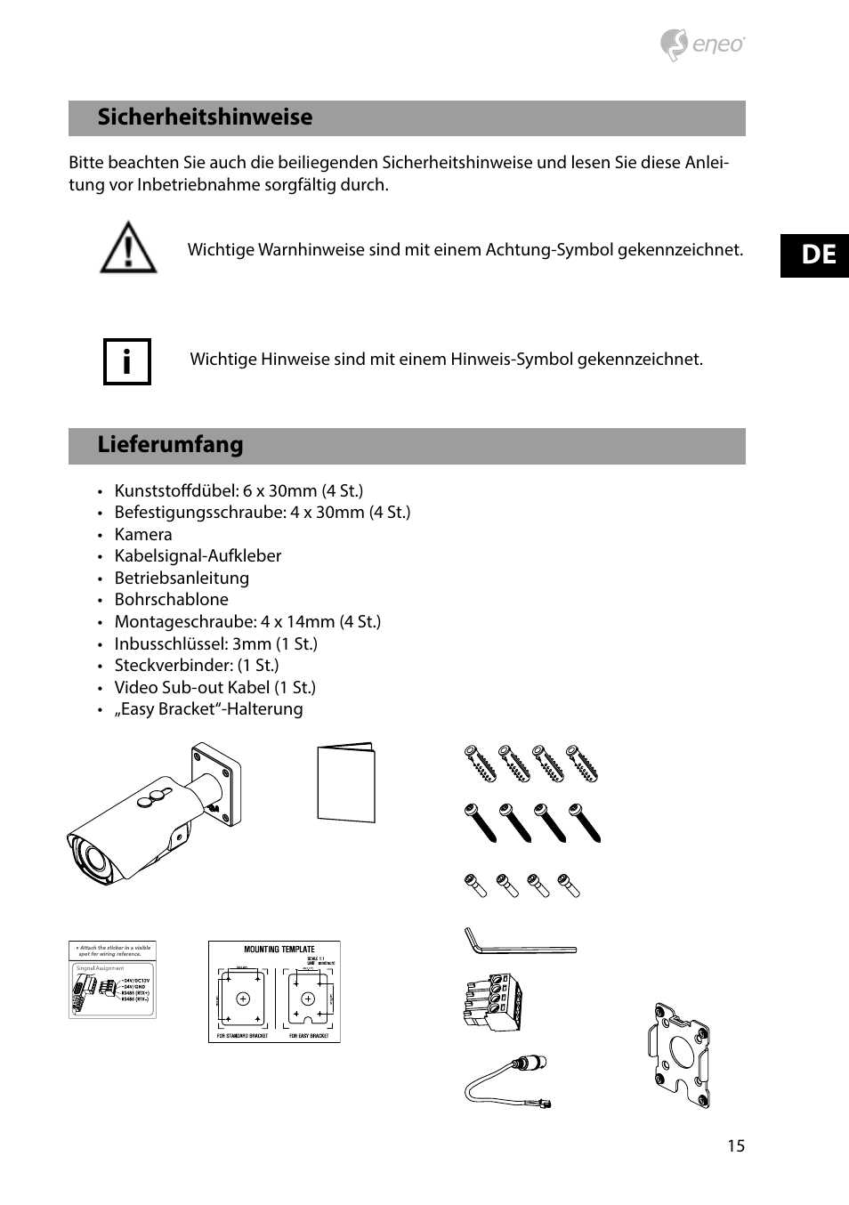 Lieferumfang, Sicherheitshinweise | Eneo HDB-2280Z10IR D User Manual | Page 15 / 40