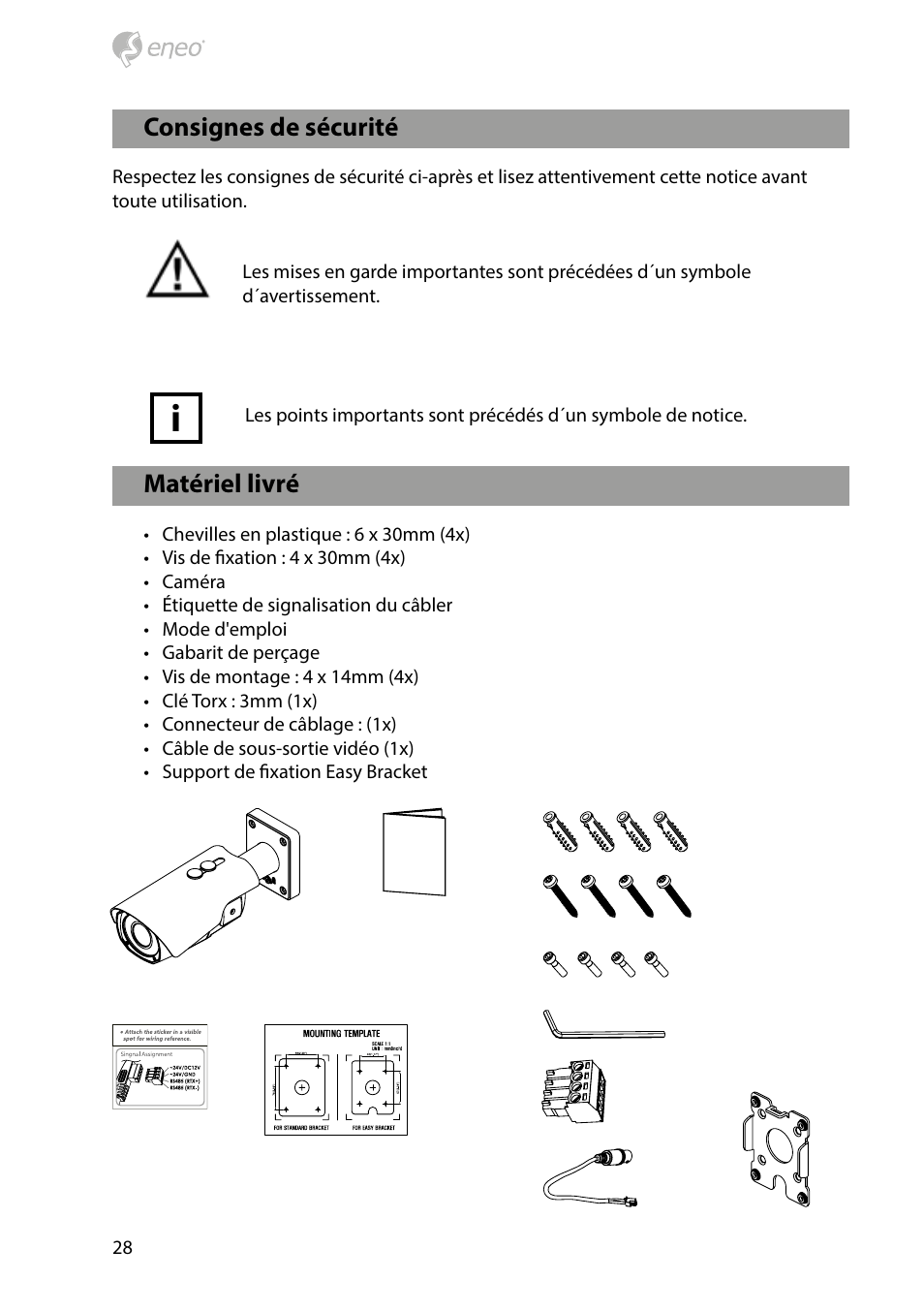 Matériel livré, Consignes de sécurité | Eneo HDB-2280Z10IR D User Manual | Page 28 / 40