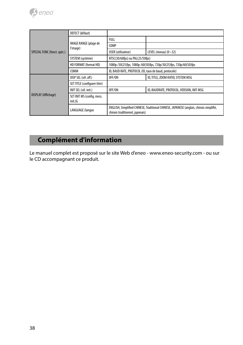 Complément d'information | Eneo HDB-2280Z10IR D User Manual | Page 38 / 40