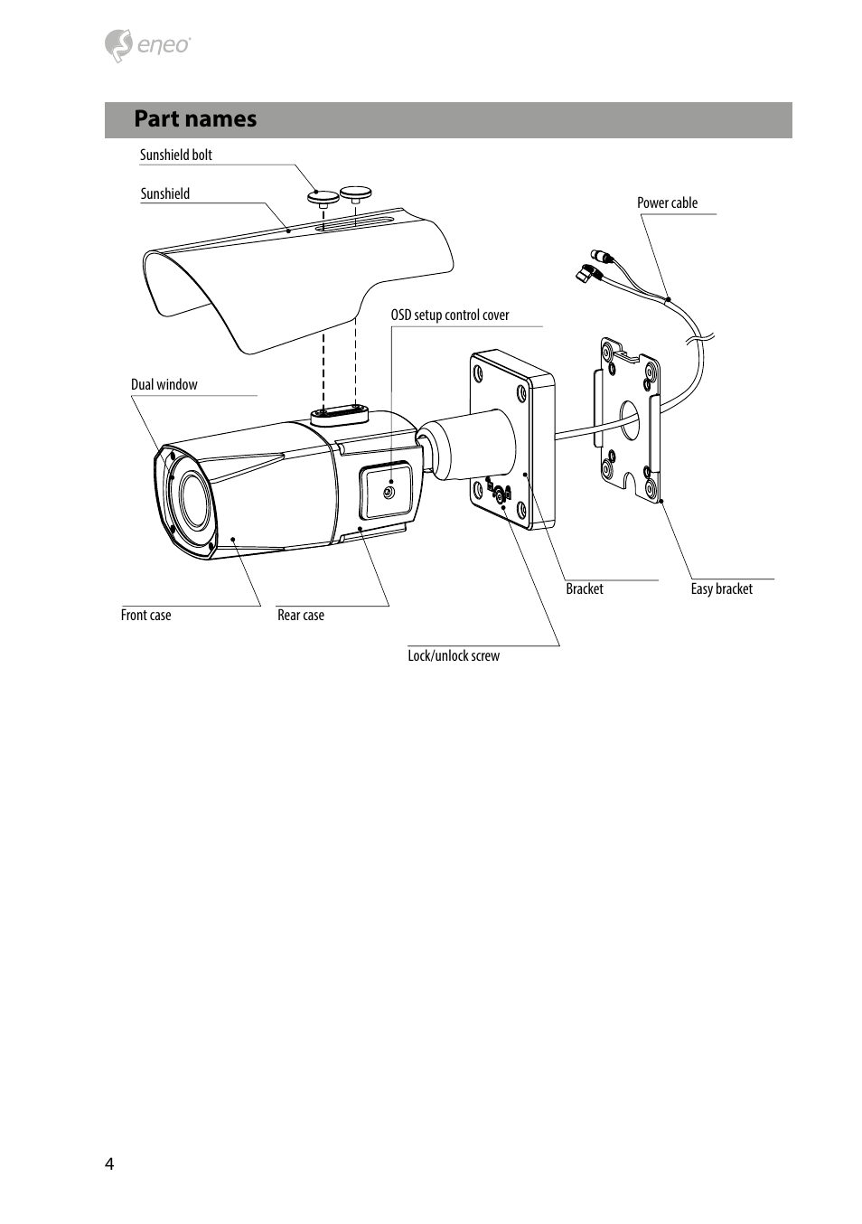 Part names | Eneo HDB-2280Z10IR D User Manual | Page 4 / 40