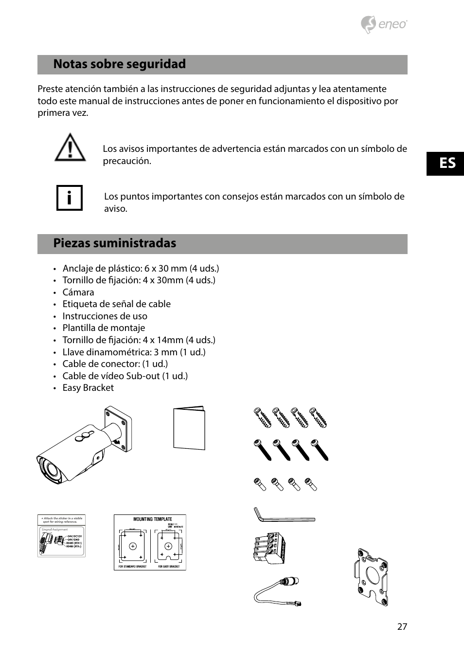 Piezas suministradas, Notas sobre seguridad | Eneo HDB-2280Z10IR D User Manual | Page 27 / 40