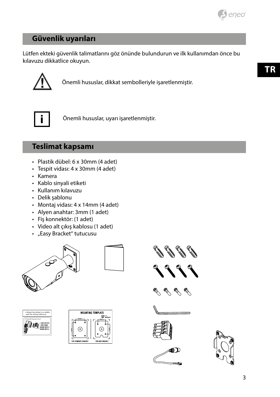 Teslimat kapsamı, Güvenlik uyarıları | Eneo HDB-2280Z10IR D User Manual | Page 3 / 40