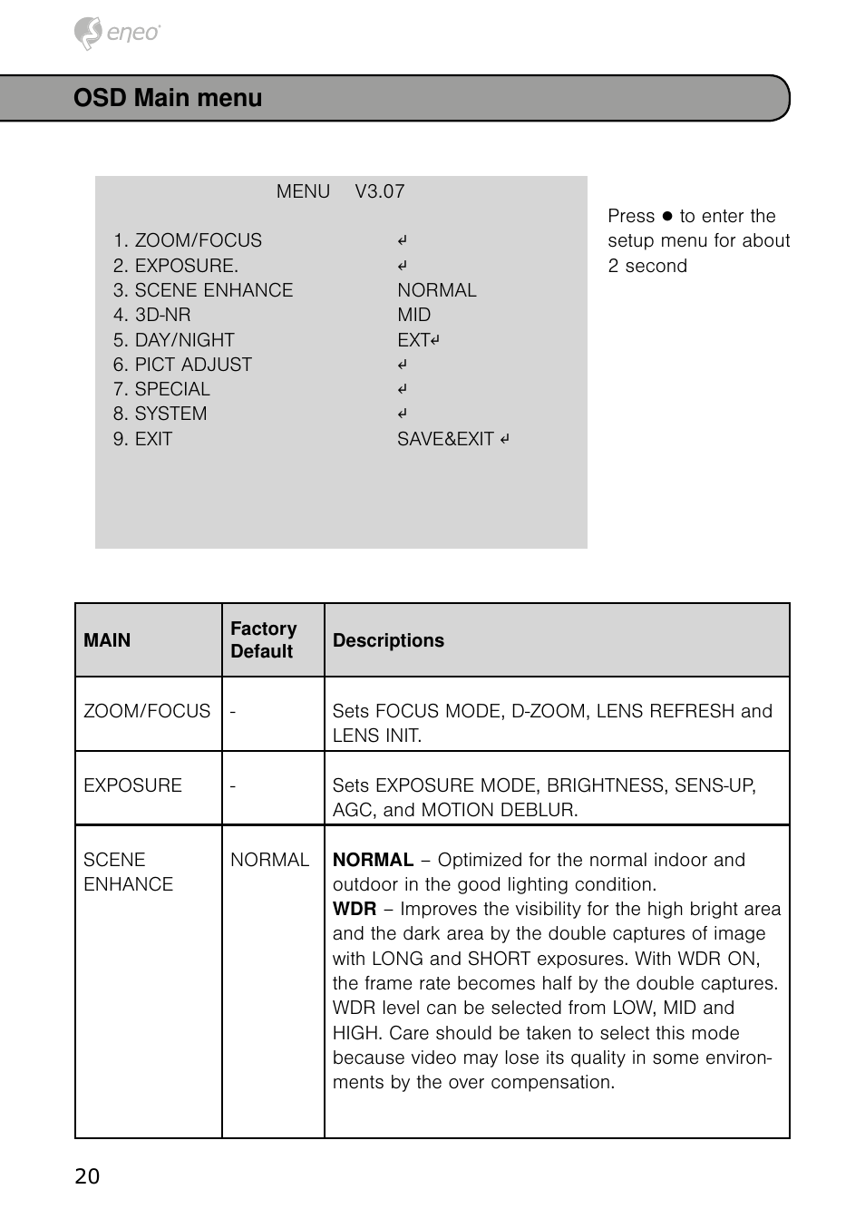 Osd main menu | Eneo HDB-1080Z03IR B User Manual | Page 20 / 56