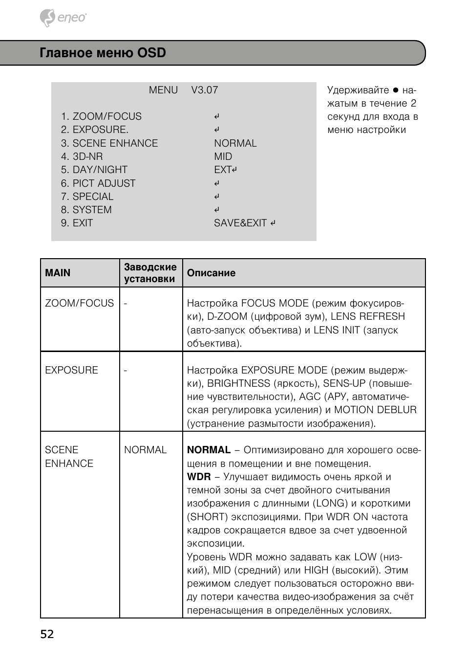 Главное меню osd | Eneo HDB-1080Z03IR B User Manual | Page 52 / 56