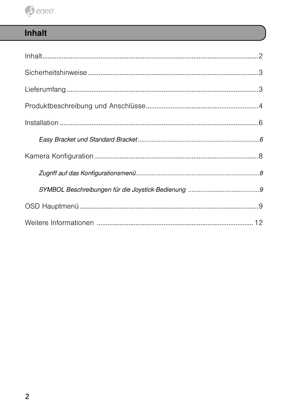 Inhalt | Eneo HDB-2080MIR User Manual | Page 2 / 60