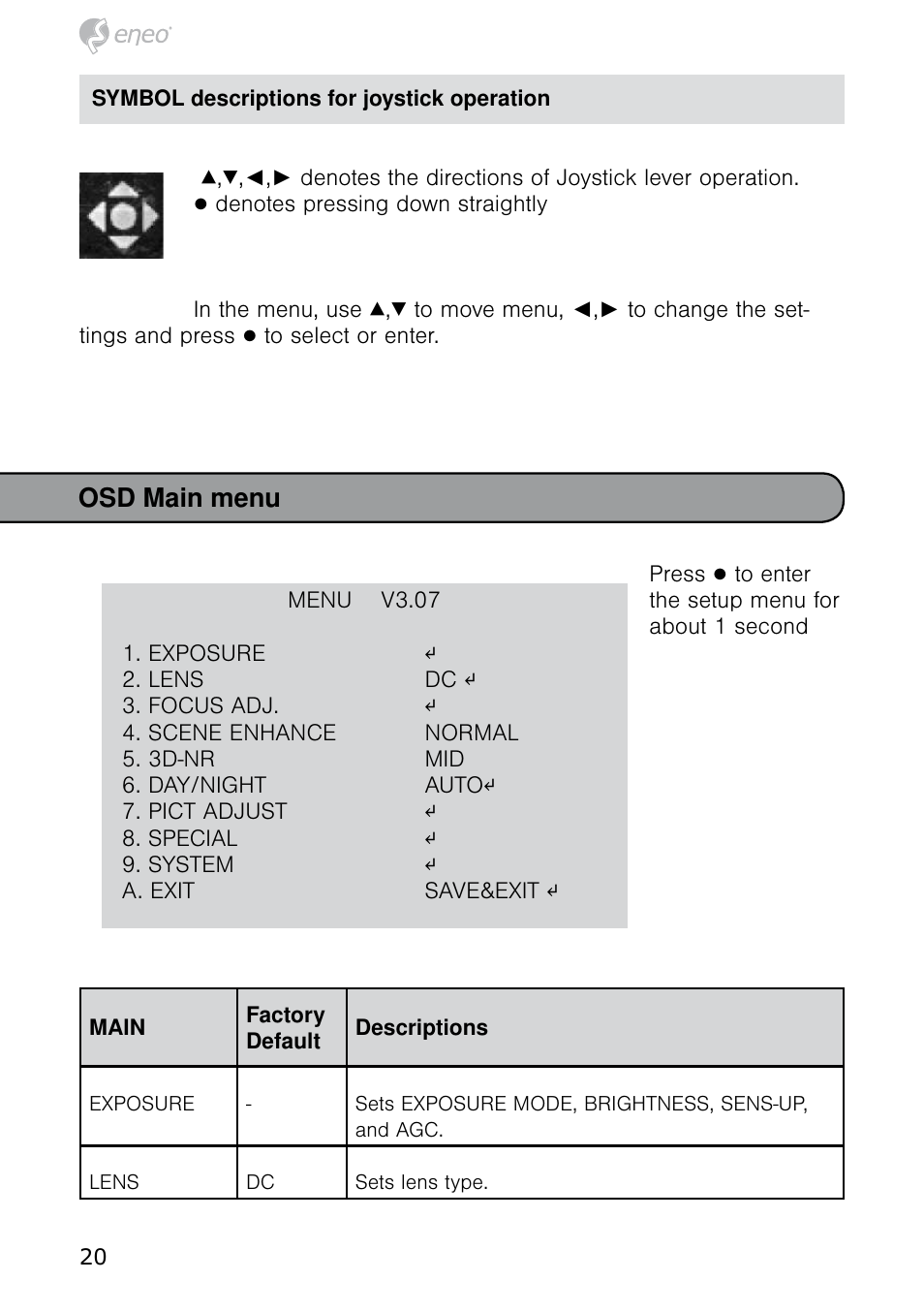 Osd main menu | Eneo HDB-2080MIR User Manual | Page 20 / 60
