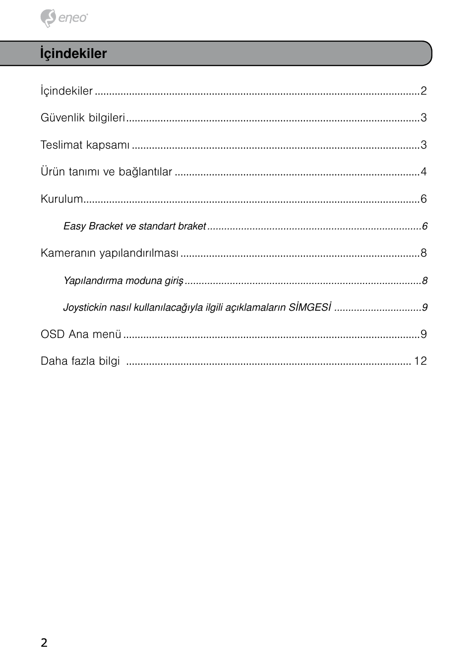 Içindekiler | Eneo HDB-2080MIR User Manual | Page 2 / 36