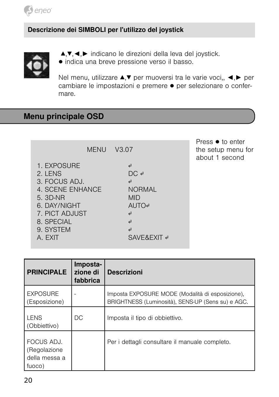 Menu principale osd | Eneo HDB-2080MIR User Manual | Page 20 / 36