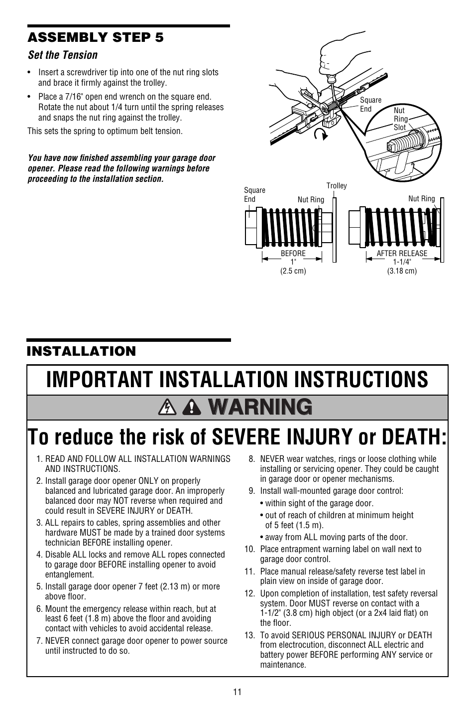 Set the tension, Installation, Assembly step 5 | Chamberlain WHISPER DRIVE 248754 User Manual | Page 11 / 44