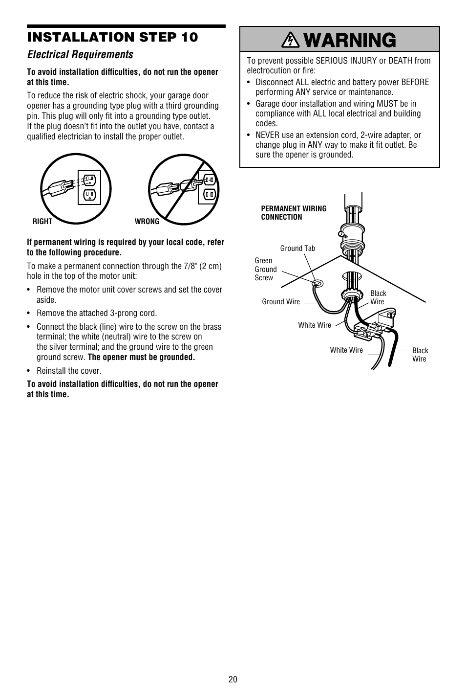 Electrical requirements, Installation step 10 | Chamberlain WHISPER DRIVE 248754 User Manual | Page 20 / 44