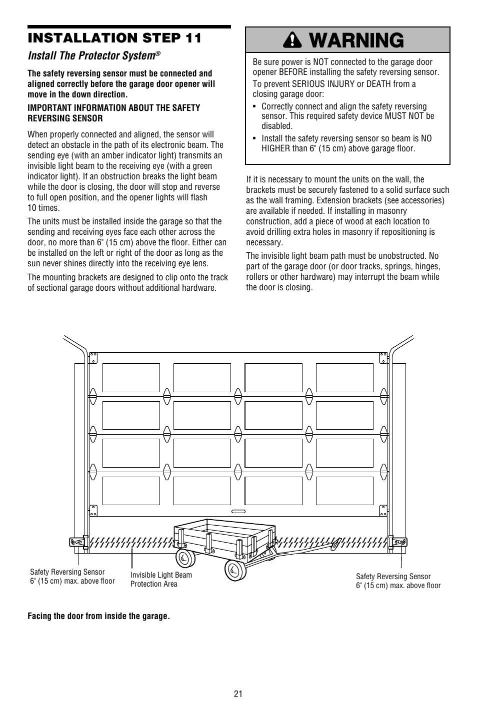 Install the protector system, Installation step 11 | Chamberlain WHISPER DRIVE 248754 User Manual | Page 21 / 44