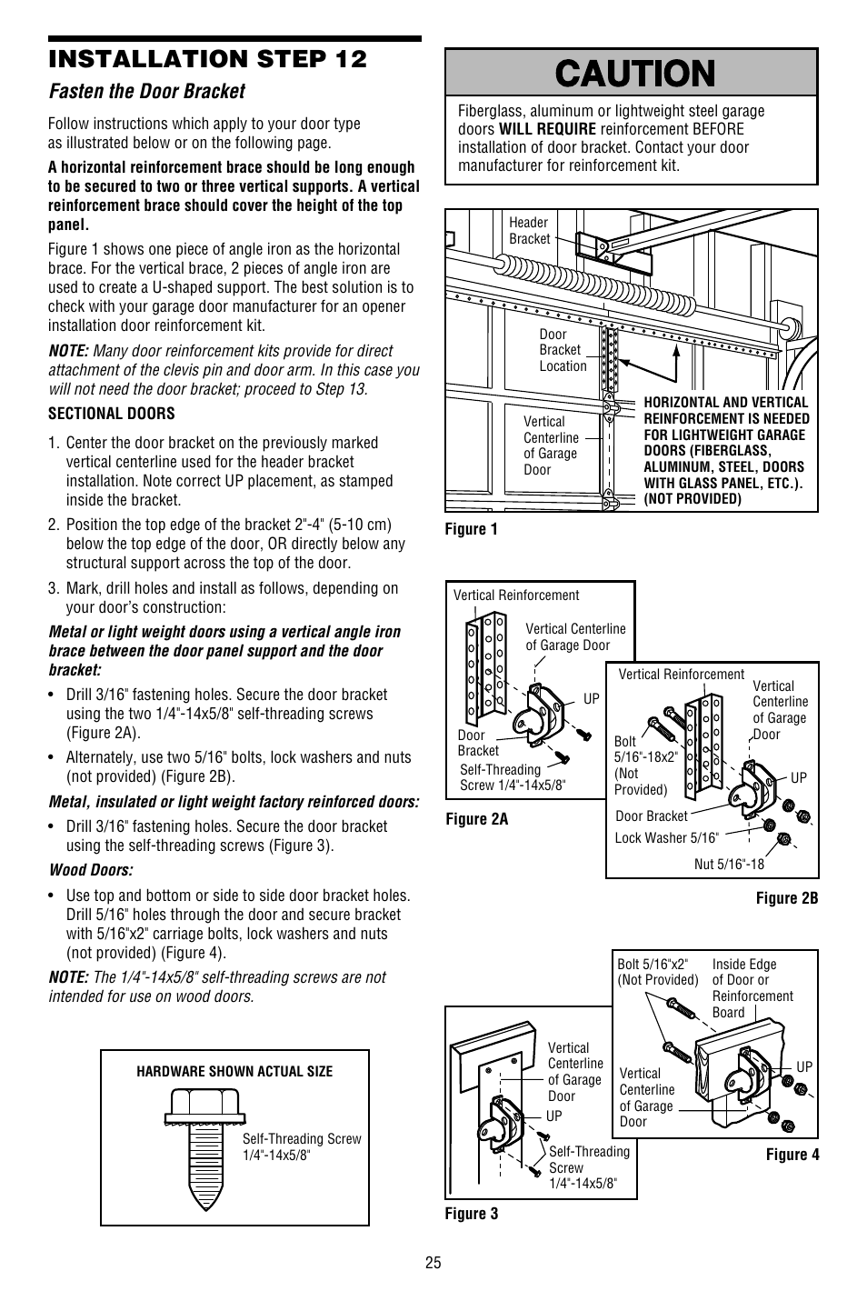 Fasten the door bracket, Installation step 12 | Chamberlain WHISPER DRIVE 248754 User Manual | Page 25 / 44