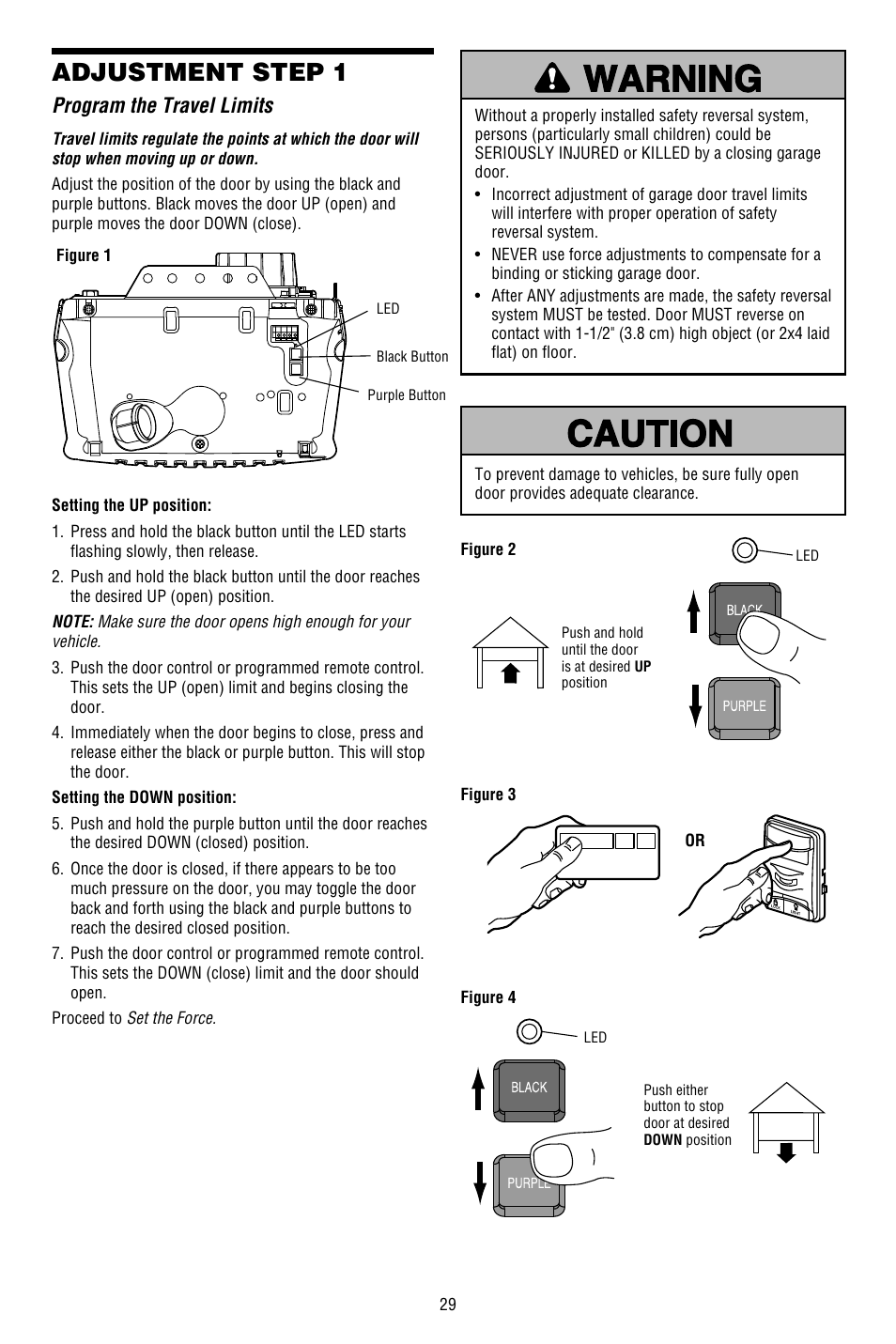 Adjustment, Program the travel limits, Adjustment step 1 | Chamberlain WHISPER DRIVE 248754 User Manual | Page 29 / 44