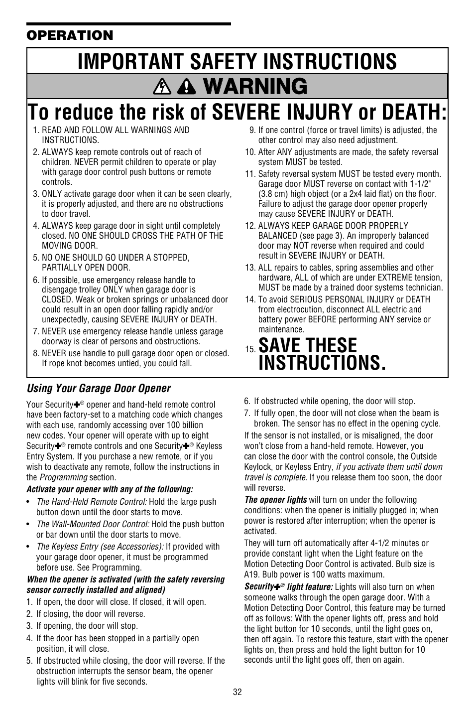 Operation, Using your garage door opener, Important safety instructions | Save these instructions | Chamberlain WHISPER DRIVE 248754 User Manual | Page 32 / 44