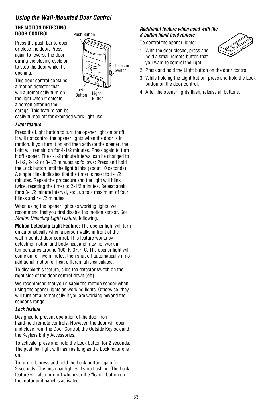 Using the wall-mounted door control | Chamberlain WHISPER DRIVE 248754 User Manual | Page 33 / 44