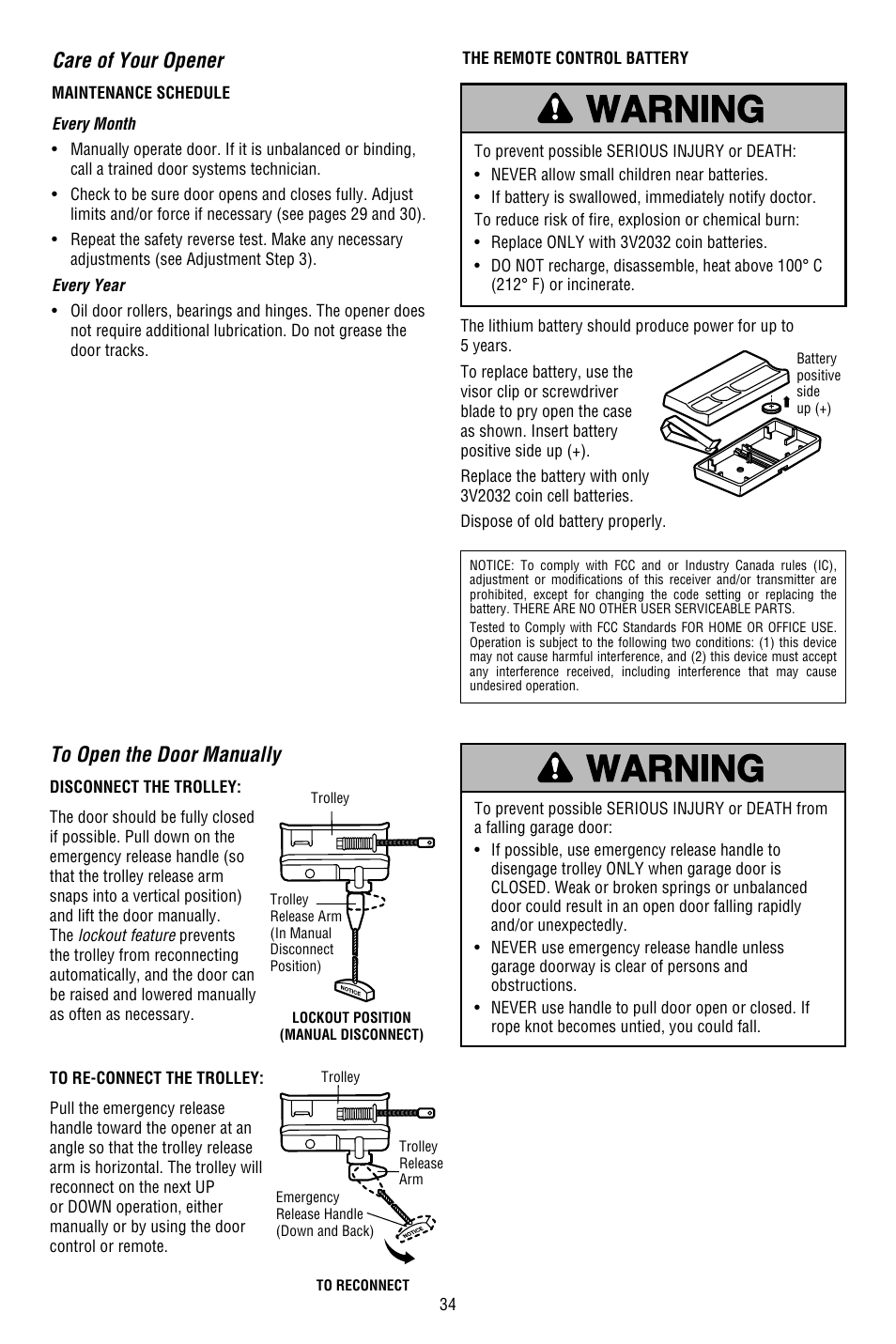 Care of your opener, To open the door manually | Chamberlain WHISPER DRIVE 248754 User Manual | Page 34 / 44