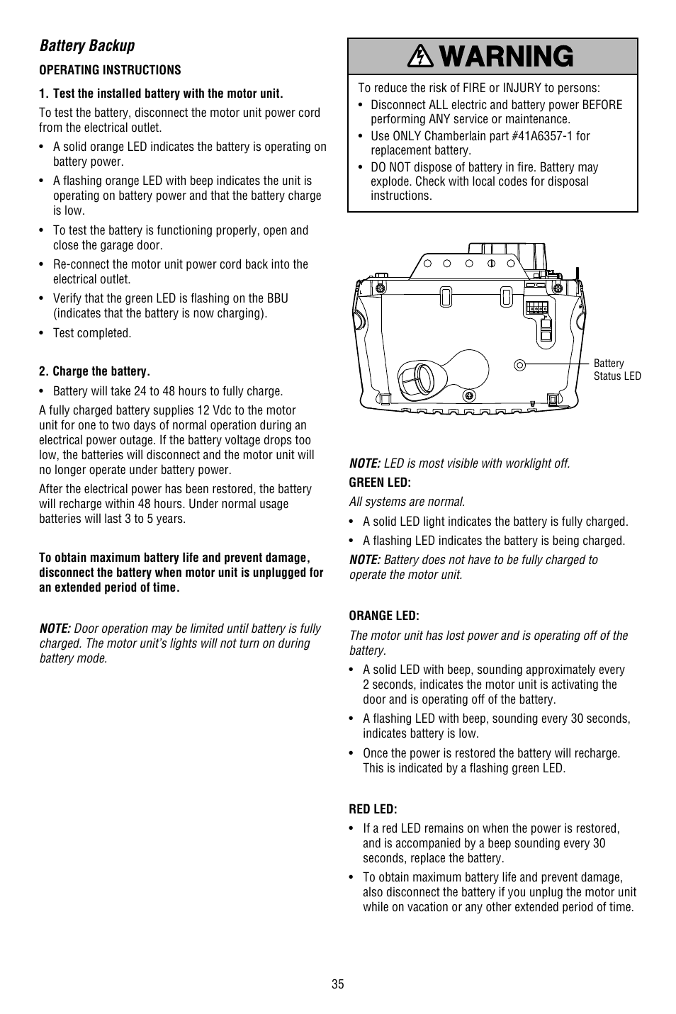 Battery backup | Chamberlain WHISPER DRIVE 248754 User Manual | Page 35 / 44