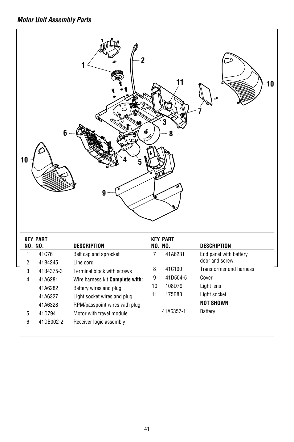 Motor unit assembly parts | Chamberlain WHISPER DRIVE 248754 User Manual | Page 41 / 44