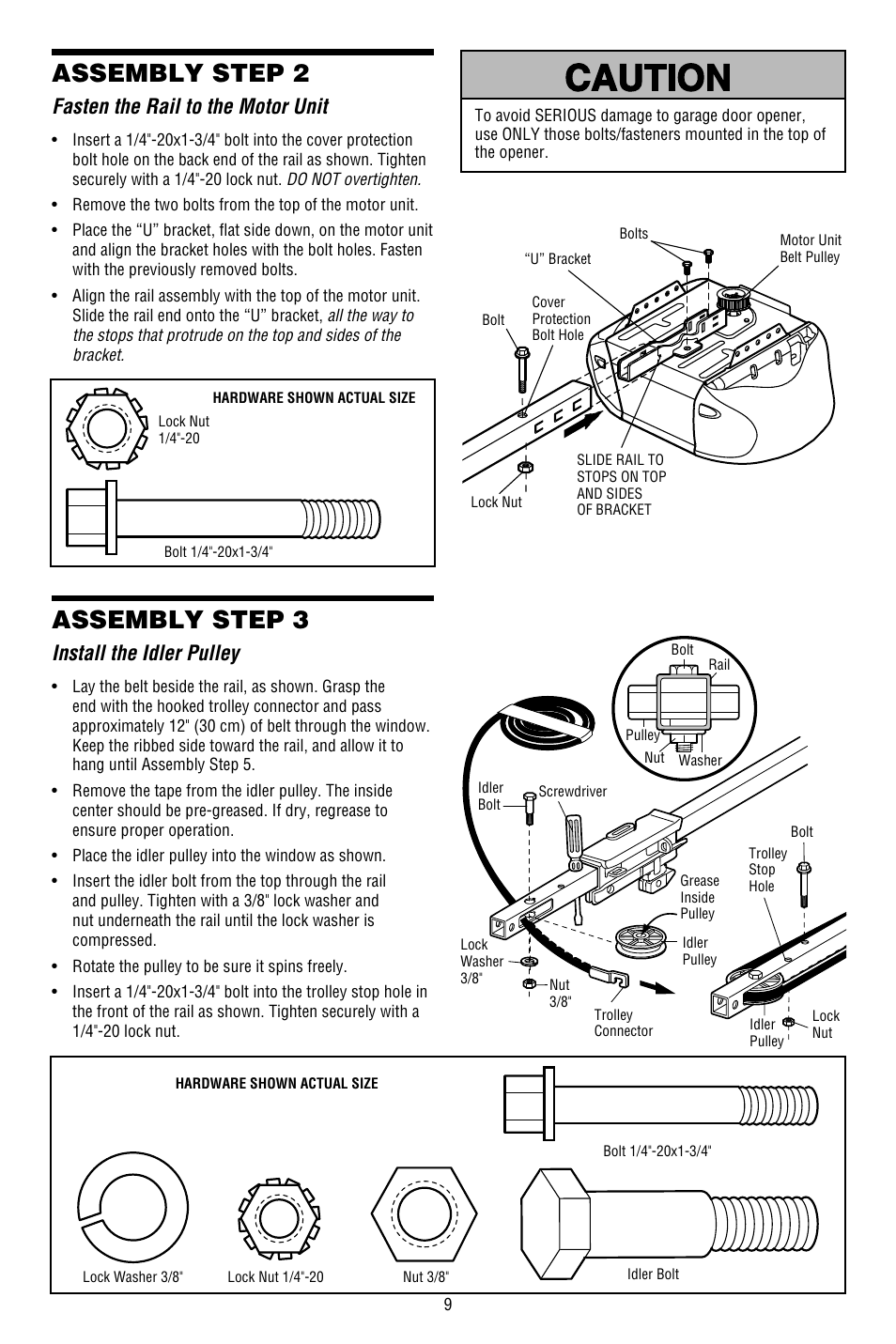 Fasten the rail to the motor unit, Install the idler pulley, Assembly step 2 | Assembly step 3 | Chamberlain WHISPER DRIVE 248754 User Manual | Page 9 / 44