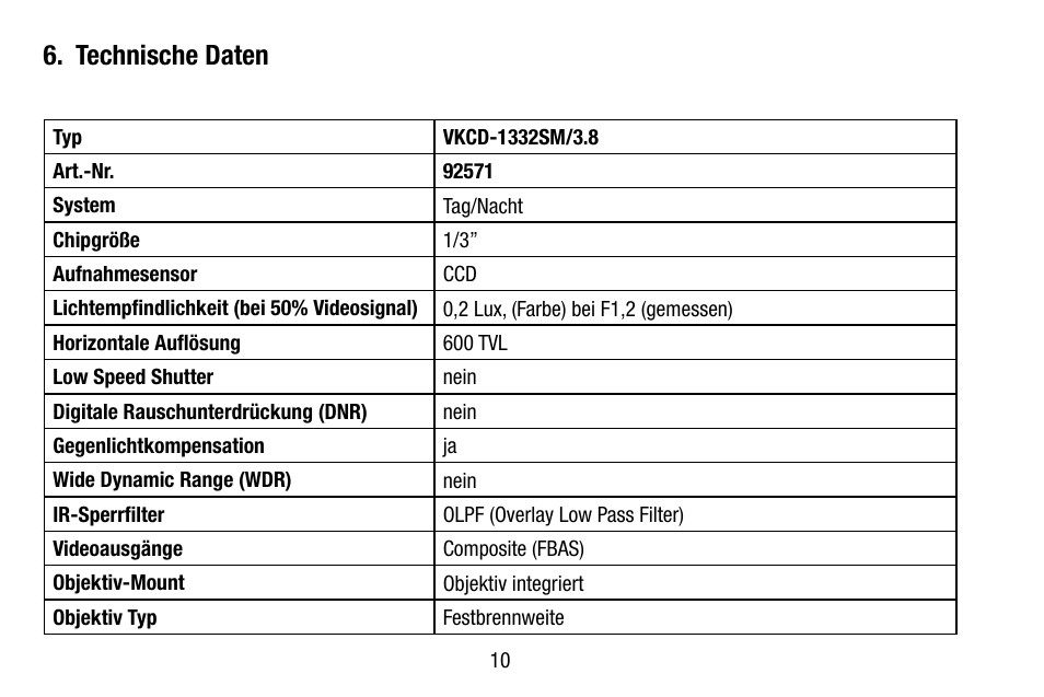 Technische daten | Eneo VKCD-1332SM/3.8 User Manual | Page 10 / 32