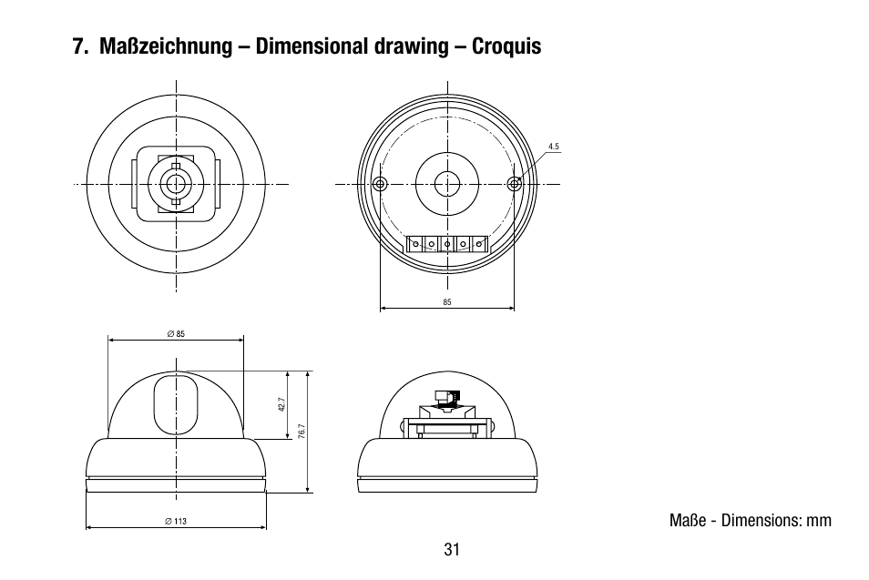 Maßzeichnung – dimensional drawing – croquis, Maße - dimensions: mm | Eneo VKCD-1332SM/3.8 User Manual | Page 31 / 32