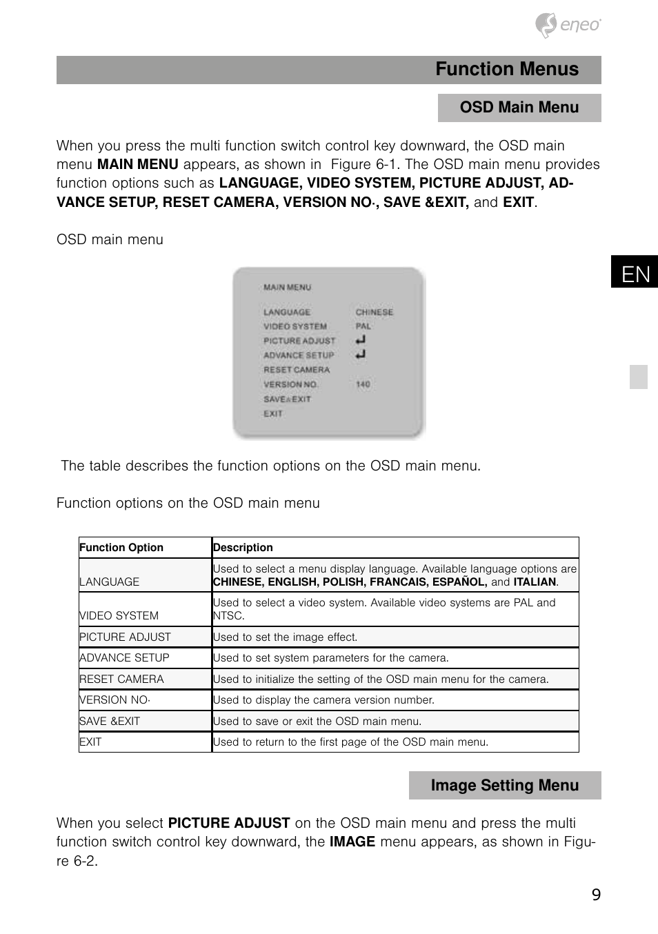 De en, Function menus, Osd main menu | Image setting menu | Eneo VKC-900IR36 User Manual | Page 10 / 16
