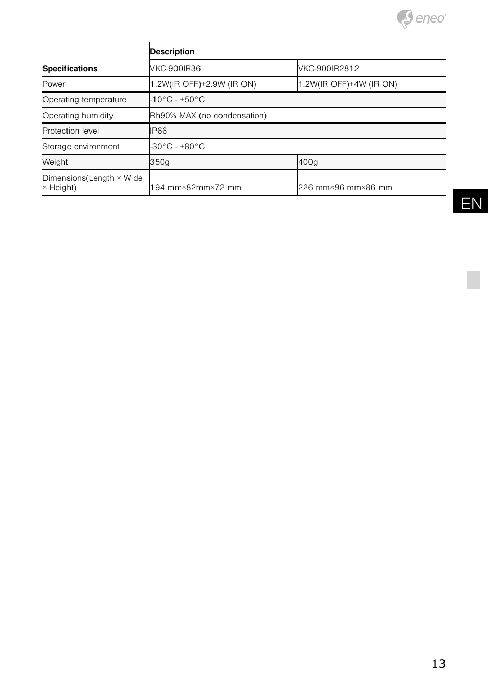 De en | Eneo VKC-900IR36 User Manual | Page 14 / 16
