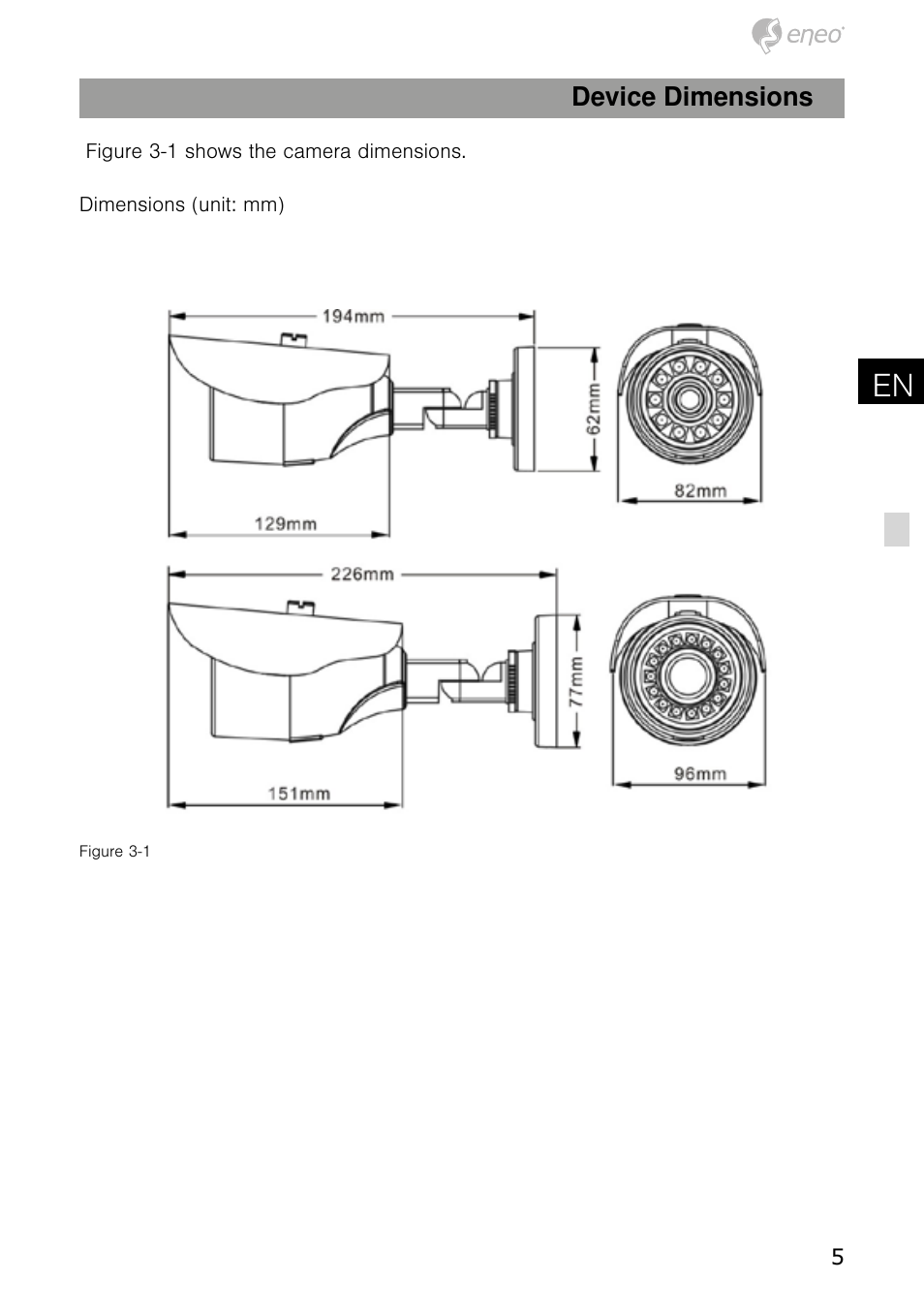 De en, Device dimensions | Eneo VKC-900IR36 User Manual | Page 6 / 16