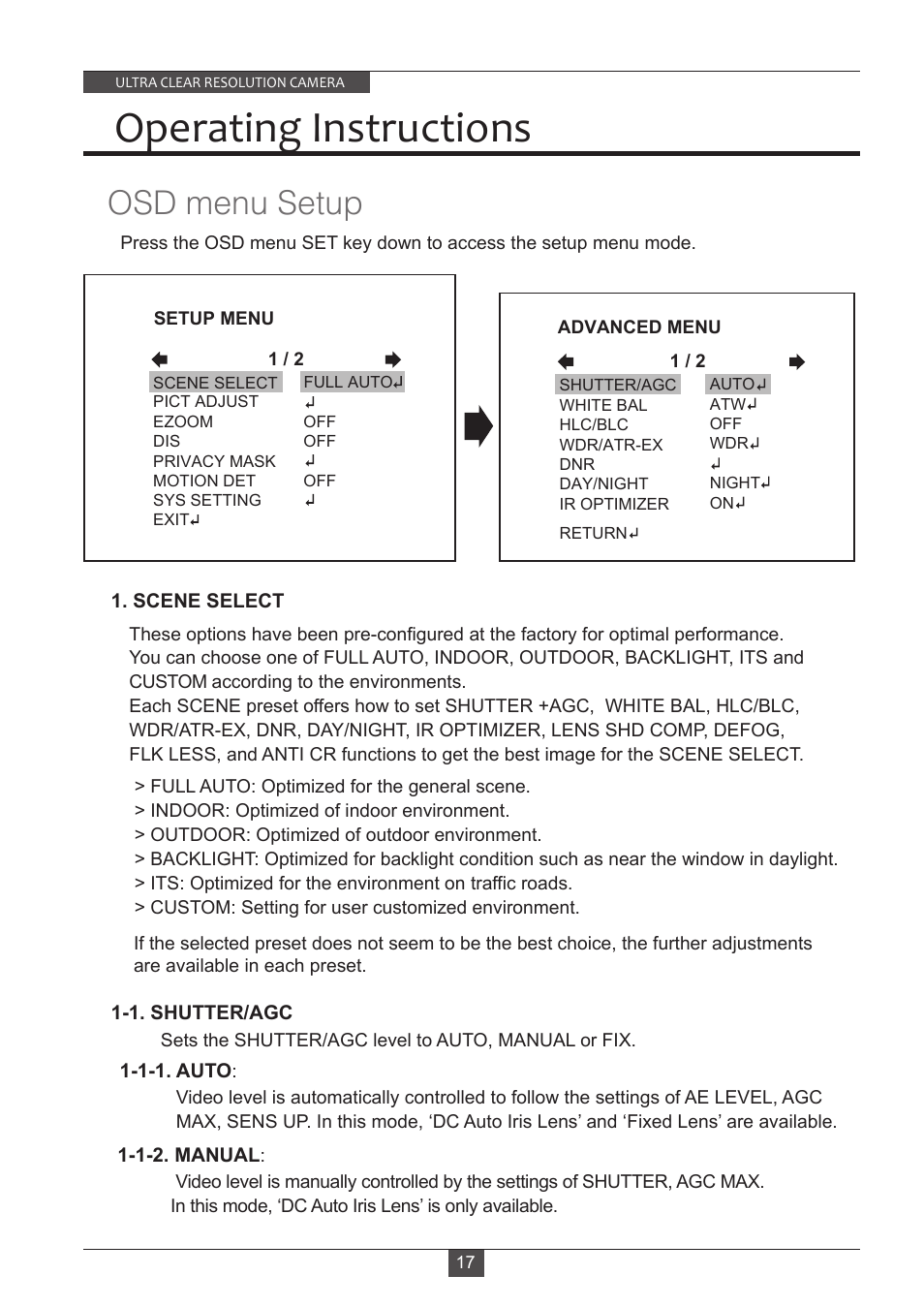 Operating instructions, Osd menu setup | Eneo VKC-13140F2810IR User Manual | Page 17 / 36